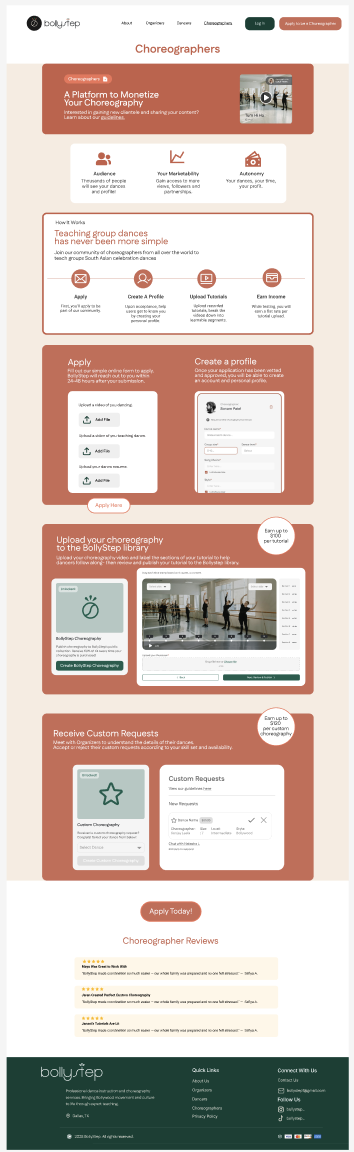 Choreographer — Apply and profile screen